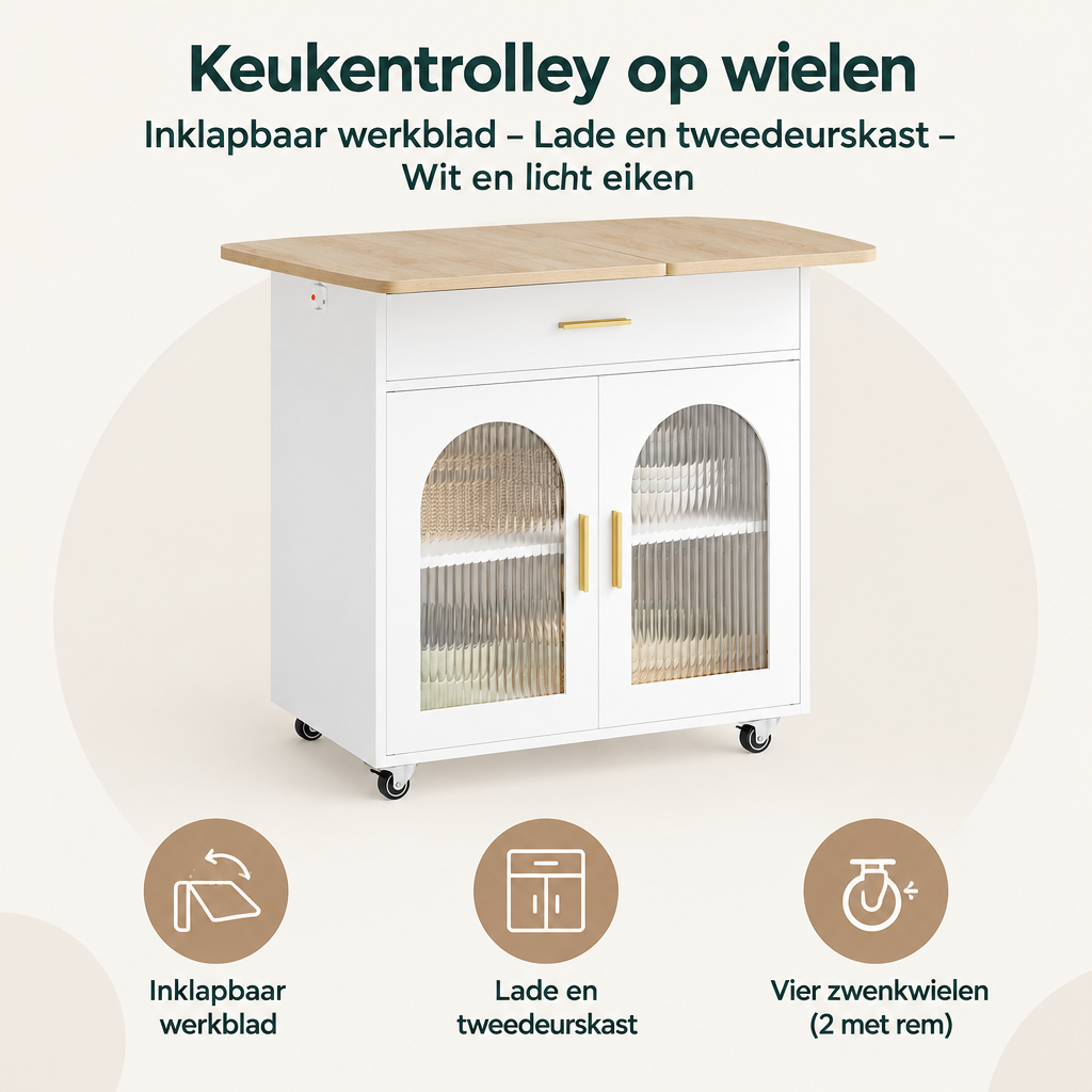 Overzicht van keukentrolley op wielen met de belangrijkste productvoordelen