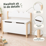 Wit kinderbankje met opbergruimte van BukkitBow, 60 cm breed, met soft-close deksel, geschikt voor kinderen en opbergruimte.