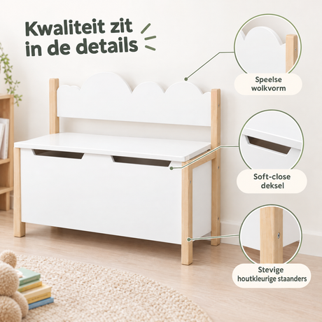 Wit kinderbankje met opbergruimte van BukkitBow, 60 cm breed, met soft-close deksel, geschikt voor kinderen en opbergruimte.