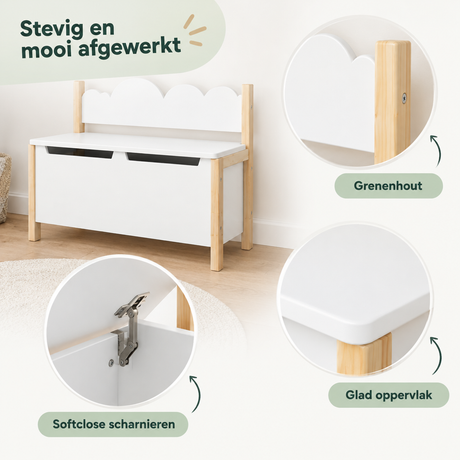 Wit kinderbankje met opbergruimte en rugleuning van BukkitBow, 60x25,5x55 cm, detail van het materiaal en ontwerp