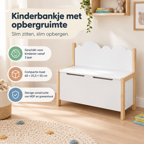BukkitBow kinderbankje met opbergruimte, wit, met rugleuning, afmetingen 60x25,5x55 cm, geschikt voor kinderen.