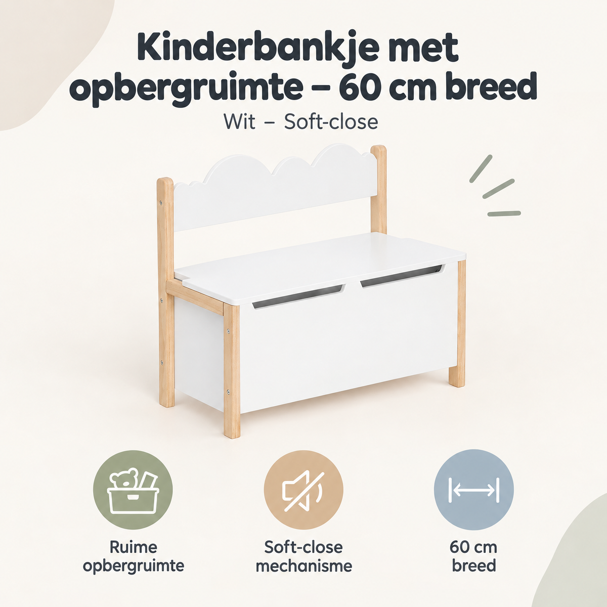 Wit kinderbankje met opbergruimte van 60 cm breed, BukkitBow, met soft-close deksel en comfortabele zitplek voor kinderen