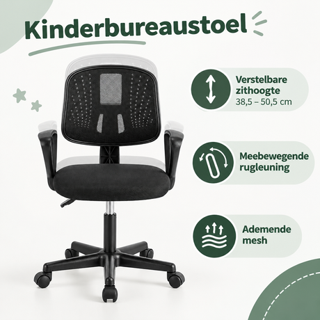 Kinderbureaustoel van BukkitBow met verstelbare zithoogte, meebewegende rugleuning en ademende mesh voor kinderen.