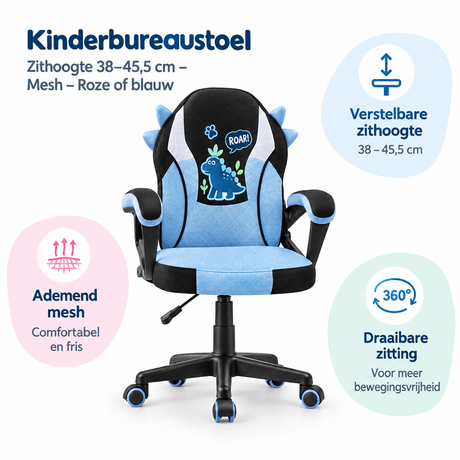 Kinderbureaustoel van BukkitBow met mesh, zithoogte 38-45,5 cm, roze of blauw, geschikt voor kinderen.