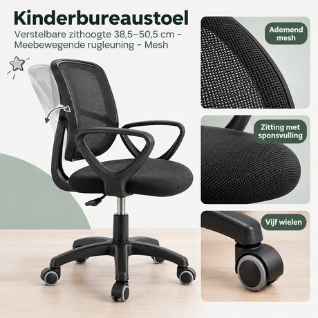 Kinderbureaustoel van BukkitBow met verstelbare zithoogte, meebewegende rugleuning en ademend mesh materiaal.