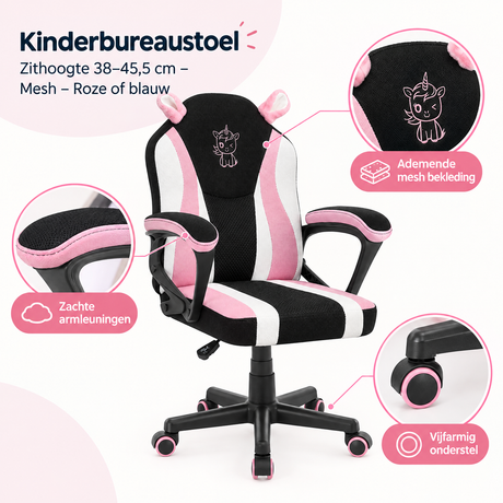Kinderbureaustoel van BukkitBow met roze en blauwe mesh bekleding, verstelbare zithoogte 38-45,5 cm, gedetailleerd materiaal.