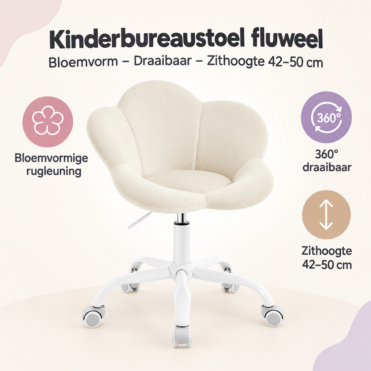 Overzicht van kinderbureaustoel fluweel met de belangrijkste productvoordelen
