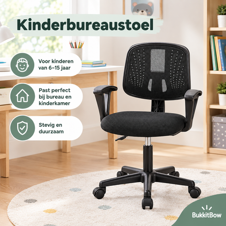 Kinderbureaustoel van BukkitBow met verstelbare zithoogte, meebewegende rugleuning en ademend mesh voor comfortabel gebruik.