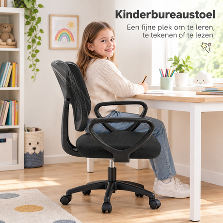 Kinderbureaustoel van BukkitBow met verstelbare zithoogte, meebewegende rugleuning en ademend mesh voor kinderen.