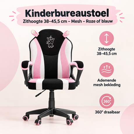 Kinderbureaustoel van BukkitBow met mesh, in roze of blauw, zithoogte 38-45,5 cm, comfortabele en verstelbare kinderstoel.