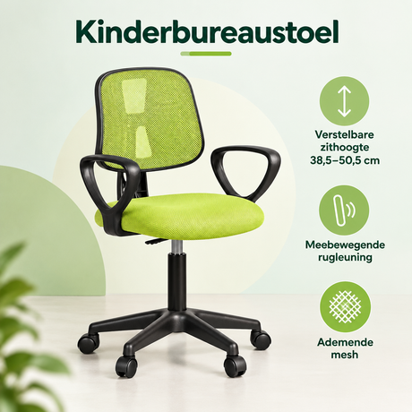 Kinderbureaustoel van BukkitBow met verstelbare zithoogte, meebewegende rugleuning en ademend mesh voor comfortabel zitten.