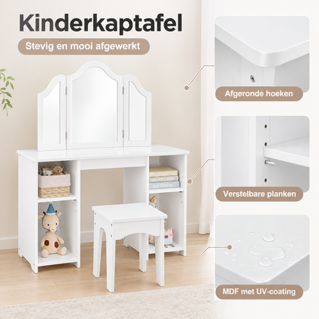 Witte kinderkaptafel met spiegel, kruk en verstelbare planken, van BukkitBow, met gedetailleerd materiaalzicht.
