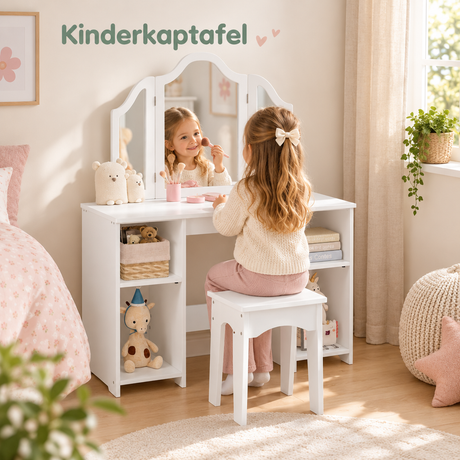 Witte kinderkaptafel met spiegel, kruk en verstelbare planken voor kinderen, geschikt voor spel en verzorging, van BukkitBow