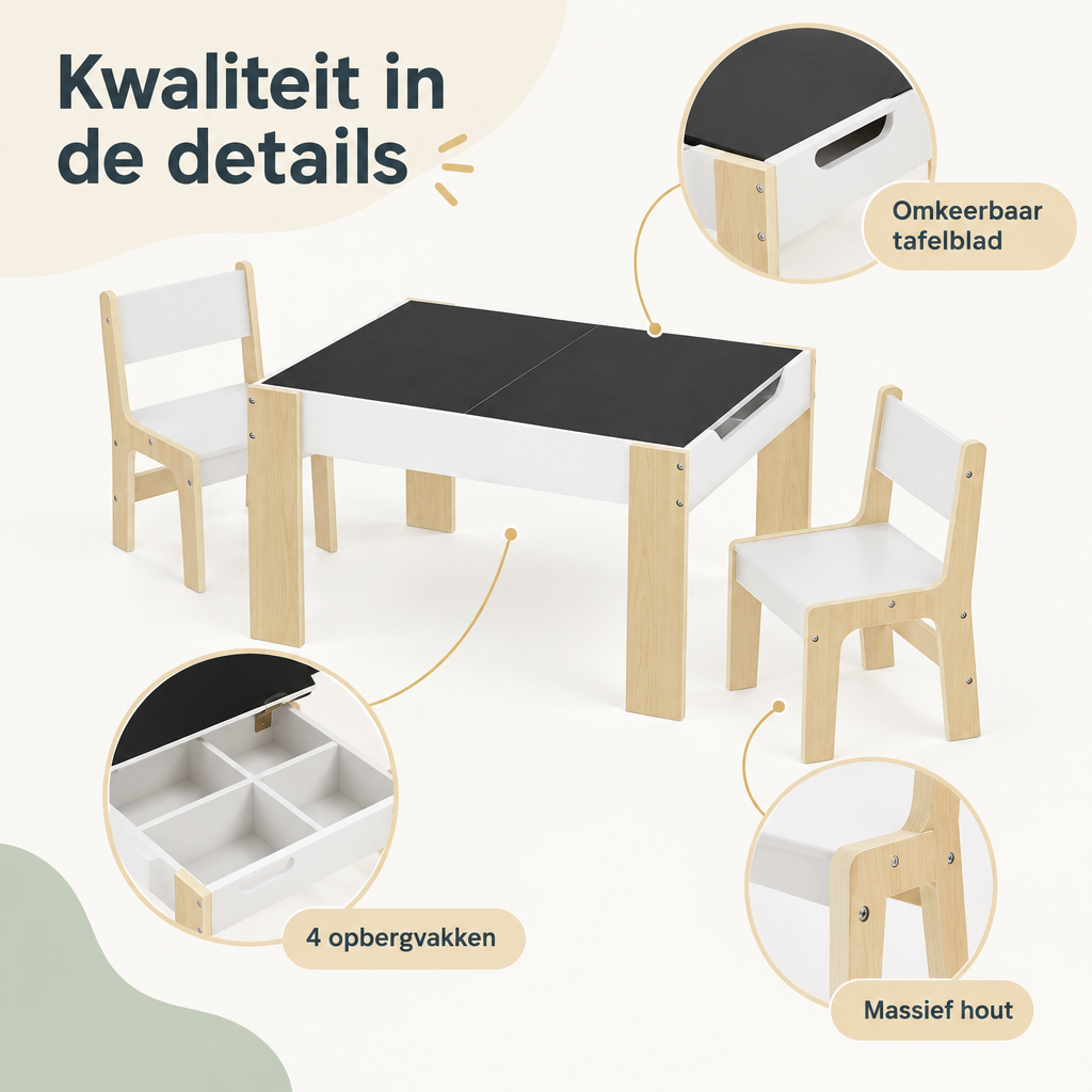 Detail van materiaal en afwerking van kindertafel met 2 stoelen