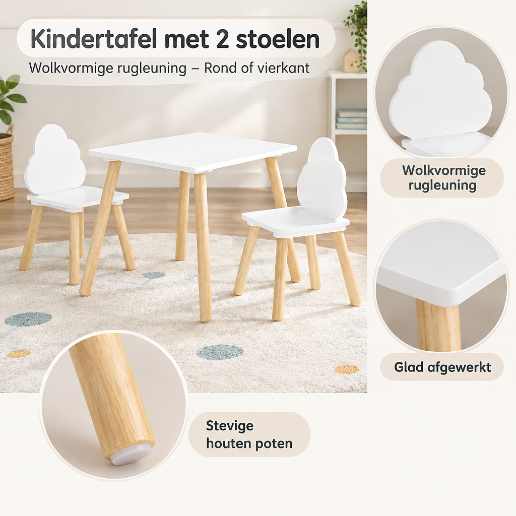 Detail van materiaal en afwerking van kindertafel met 2 stoelen