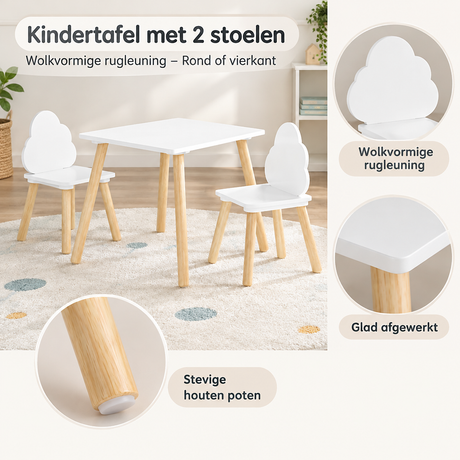 Kinder tafel met 2 stoelen van BukkitBow, wolkvormige rugleuning, rond of vierkant ontwerp, houten afwerking en kindvriendelijk design