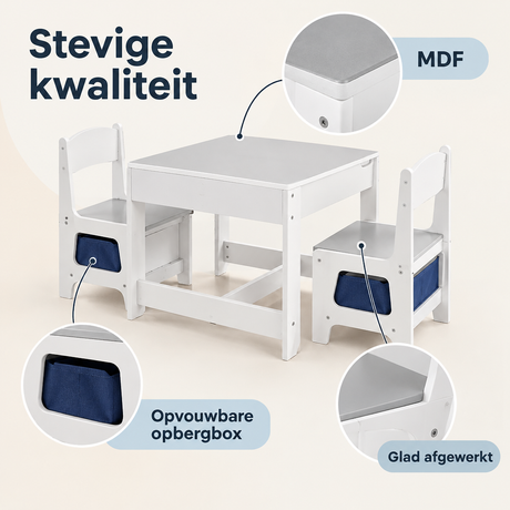 BukkitBow kindertafelset met 2 stoelen, omkeerbaar krijtbord en opbergruimte, geschikt voor kinderen, van hout en kunststof.