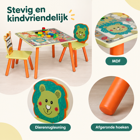 Kinder tafel met twee stoelen van BukkitBow, dierenmotief, tafel 60x60x44 cm, geschikt voor kinderen.