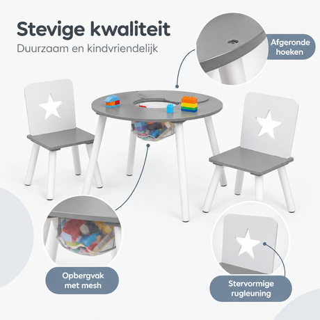 Witte en grijze kindertafel met twee stoelen en opbergvak, BukkitBow, rond ontwerp voor kinderen.