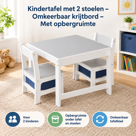 Kinder tafelset met 2 stoelen van BukkitBow, omkeerbaar krijtbord en opbergruimte voor creatieve speel- en leeractiviteiten.