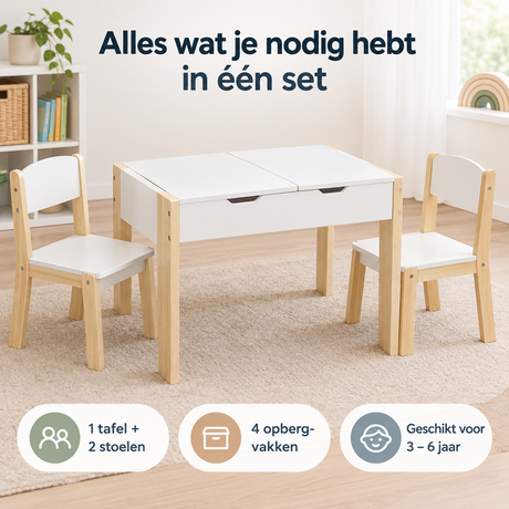 Witte en licht eiken kindertafel met 2 stoelen en 4 opbergvakken, omkeerbaar tafelblad, van BukkitBow voor kinderen.