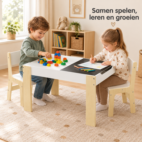 Witte kindertafel met 2 stoelen en opbergvakken, omkeerbaar tafelblad in licht eiken, geschikt voor kinderen, van BukkitBow.