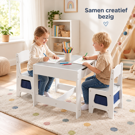 Kinder tafelset met 2 stoelen en omkeerbaar krijtbord van BukkitBow, inclusief opbergruimte voor kinderen.