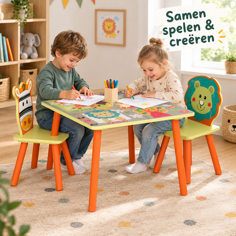 Kinder tafel met 2 stoelen in dierenmotief van BukkitBow, houten tafel van 60x60x44 cm met speelse dierenprint.
