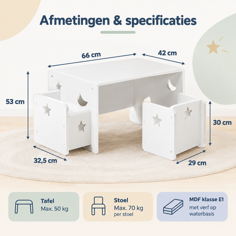Afmetingen en productspecificaties van kindertafel met 2 stoelen