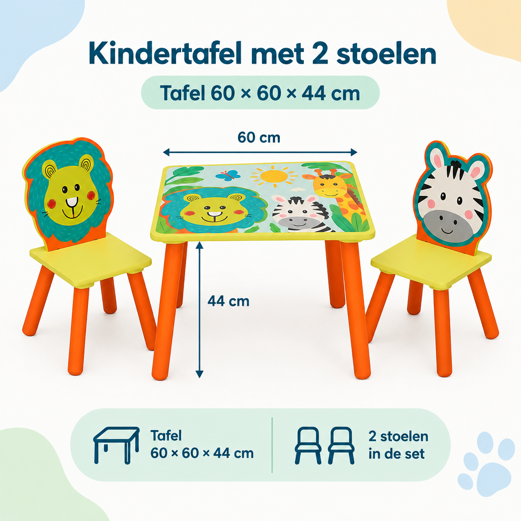 Afmetingen en productspecificaties van kindertafel met 2 stoelen