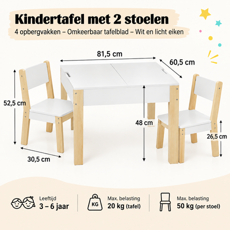 Witte en lichteiken kindertafelset met 2 stoelen, omkeerbaar tafelblad en 4 opbergvakken, geschikt voor kinderen.