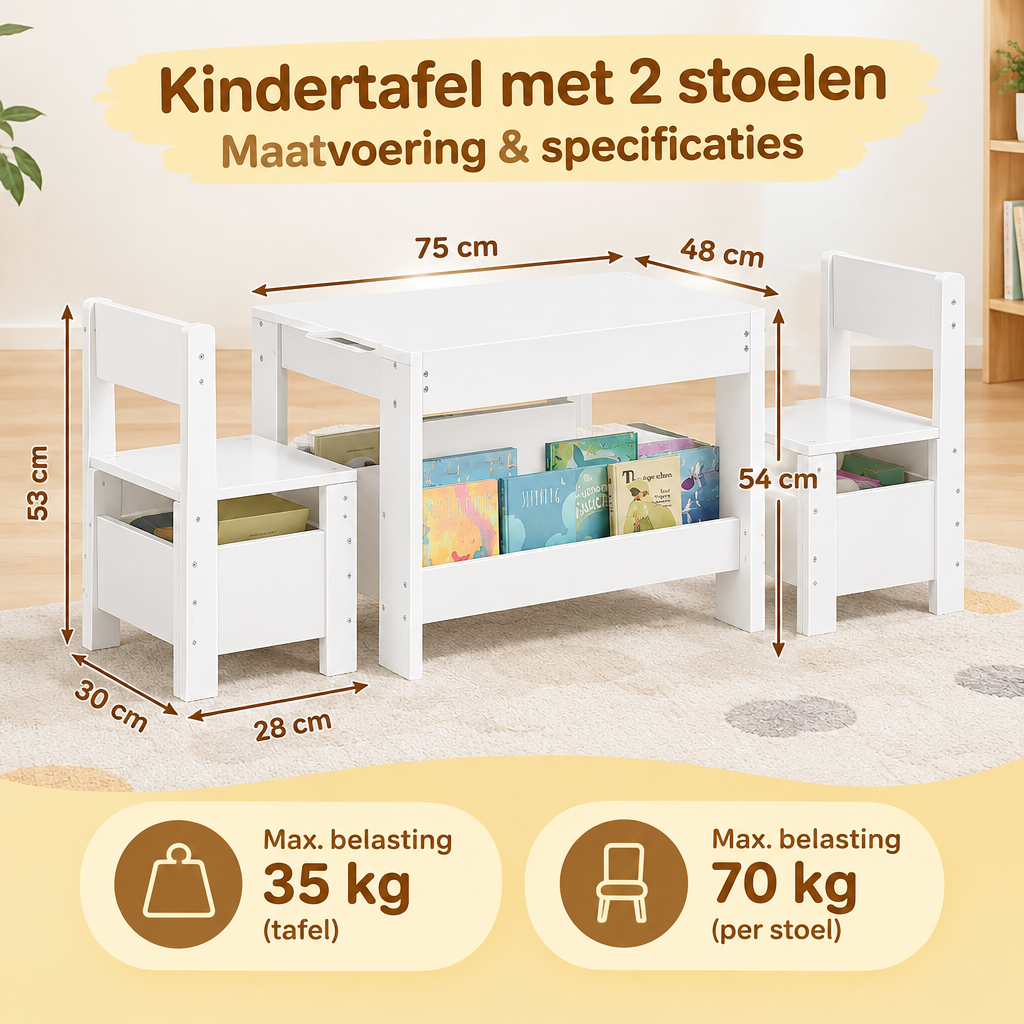 Afmetingen en productspecificaties van kindertafel met 2 stoelen