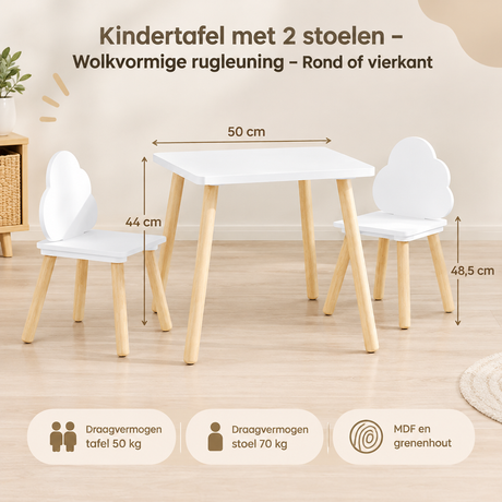 Kinder tafel met 2 stoelen van BukkitBow, ronde of vierkante vorm, met wolkvormige rugleuningen, geschikt voor kinderen.