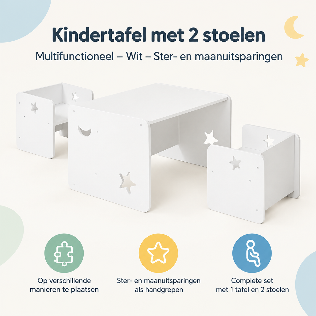 Overzicht van kindertafel met 2 stoelen met de belangrijkste productvoordelen