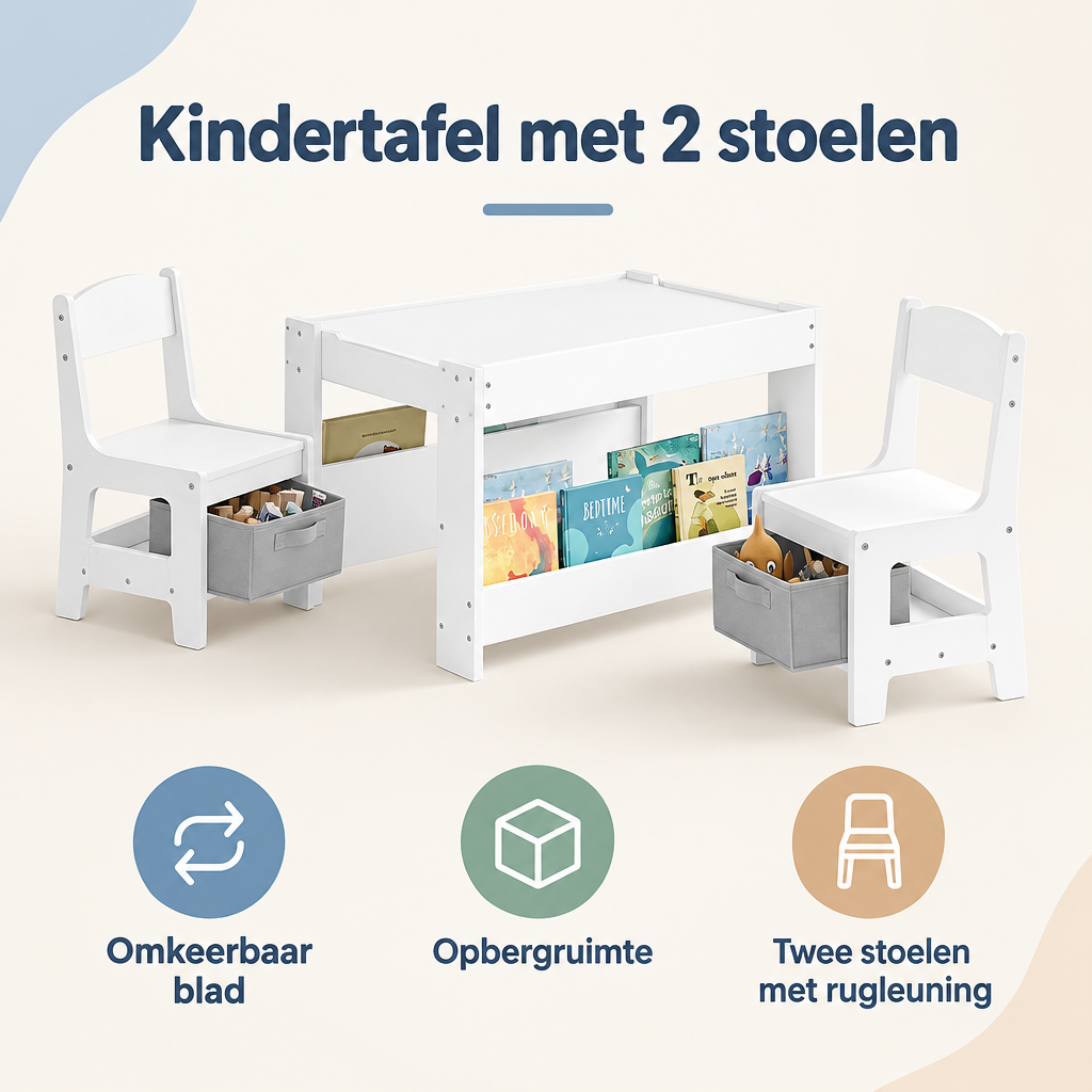 Overzicht van kindertafel met 2 stoelen met de belangrijkste productvoordelen