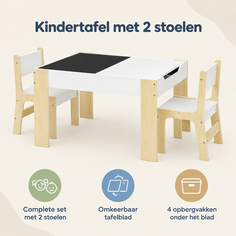 Witte kindertafel met 2 licht eiken stoelen, omkeerbaar tafelblad en 4 opbergvakken van BukkitBow.