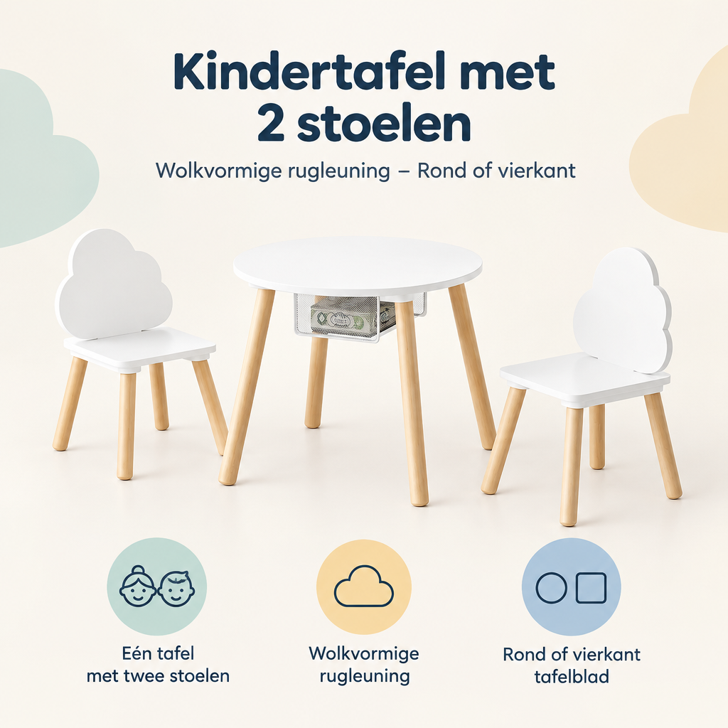 Overzicht van kindertafel met 2 stoelen met de belangrijkste productvoordelen