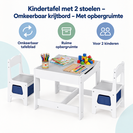 BukkitBow kindertafelset met 2 stoelen, omkeerbaar krijtbord en opbergruimte voor kinderen, multifunctioneel en kindvriendelijk.