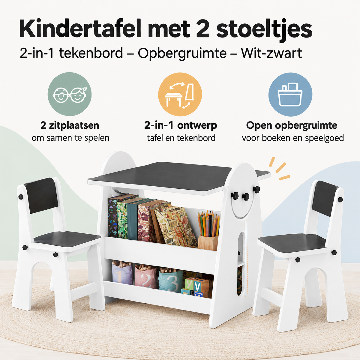 Witte en zwarte kindertafel met 2 stoeltjes, tekenbord en opbergruimte van BukkitBow, geschikt voor creatieve kinderactiviteiten.