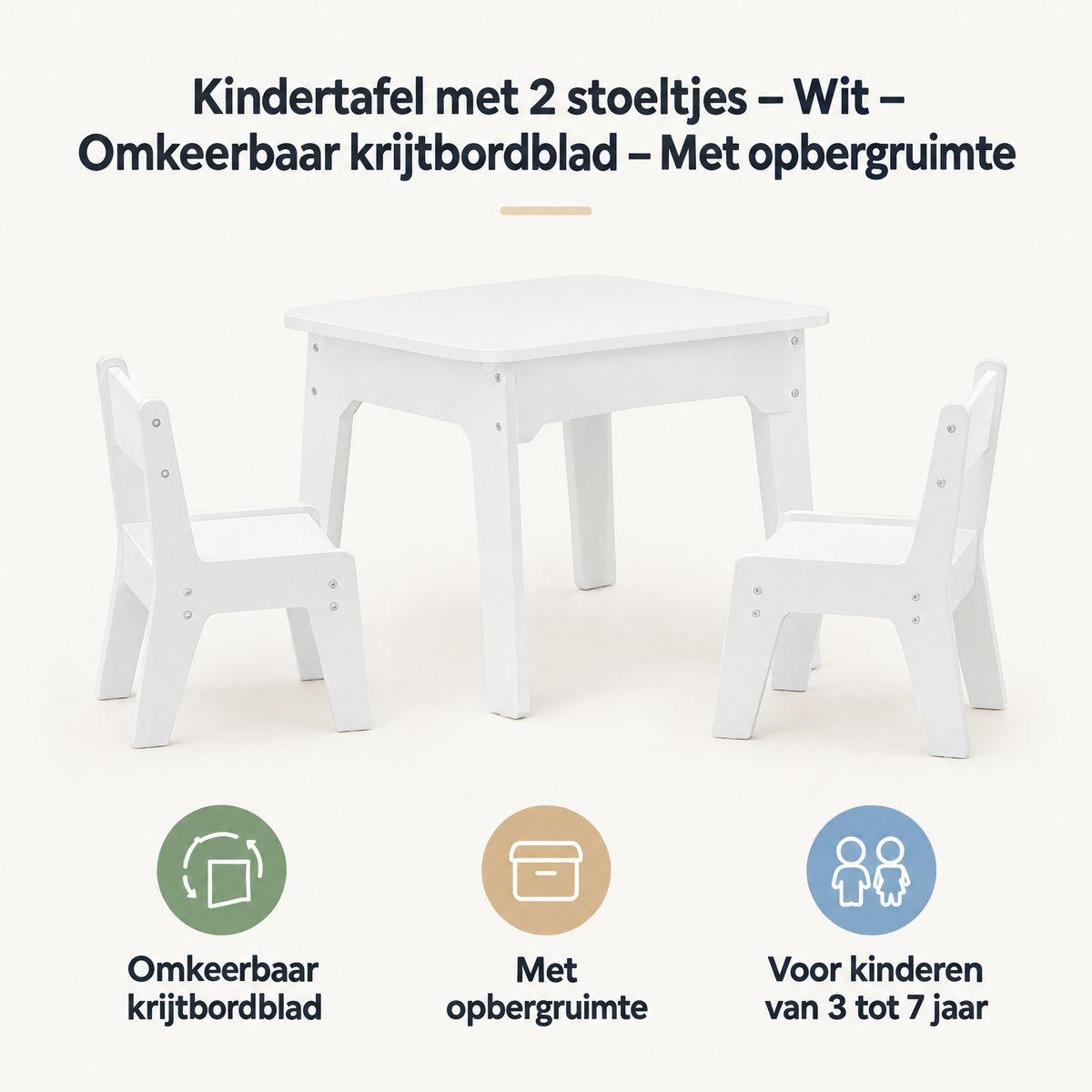 Witte kindertafelset met 2 stoeltjes en omkeerbaar krijtbordblad, inclusief opbergruimte, van BukkitBow voor speelse creativiteit.