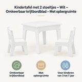 Witte kindertafelset met 2 stoeltjes en omkeerbaar krijtbordblad, inclusief opbergruimte, van BukkitBow voor speelse creativiteit.