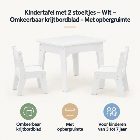 Witte kindertafelset met 2 stoeltjes en omkeerbaar krijtbordblad, inclusief opbergruimte, van BukkitBow voor speelse creativiteit.
