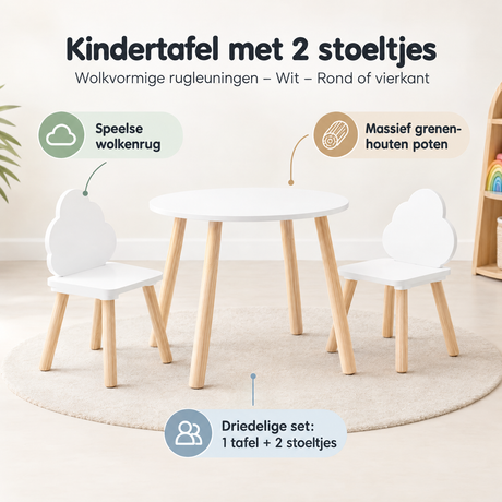 Witte kindertafel met twee stoeltjes en wolkvormige rugleuningen, geschikt voor rond of vierkant formaat, door BukkitBow