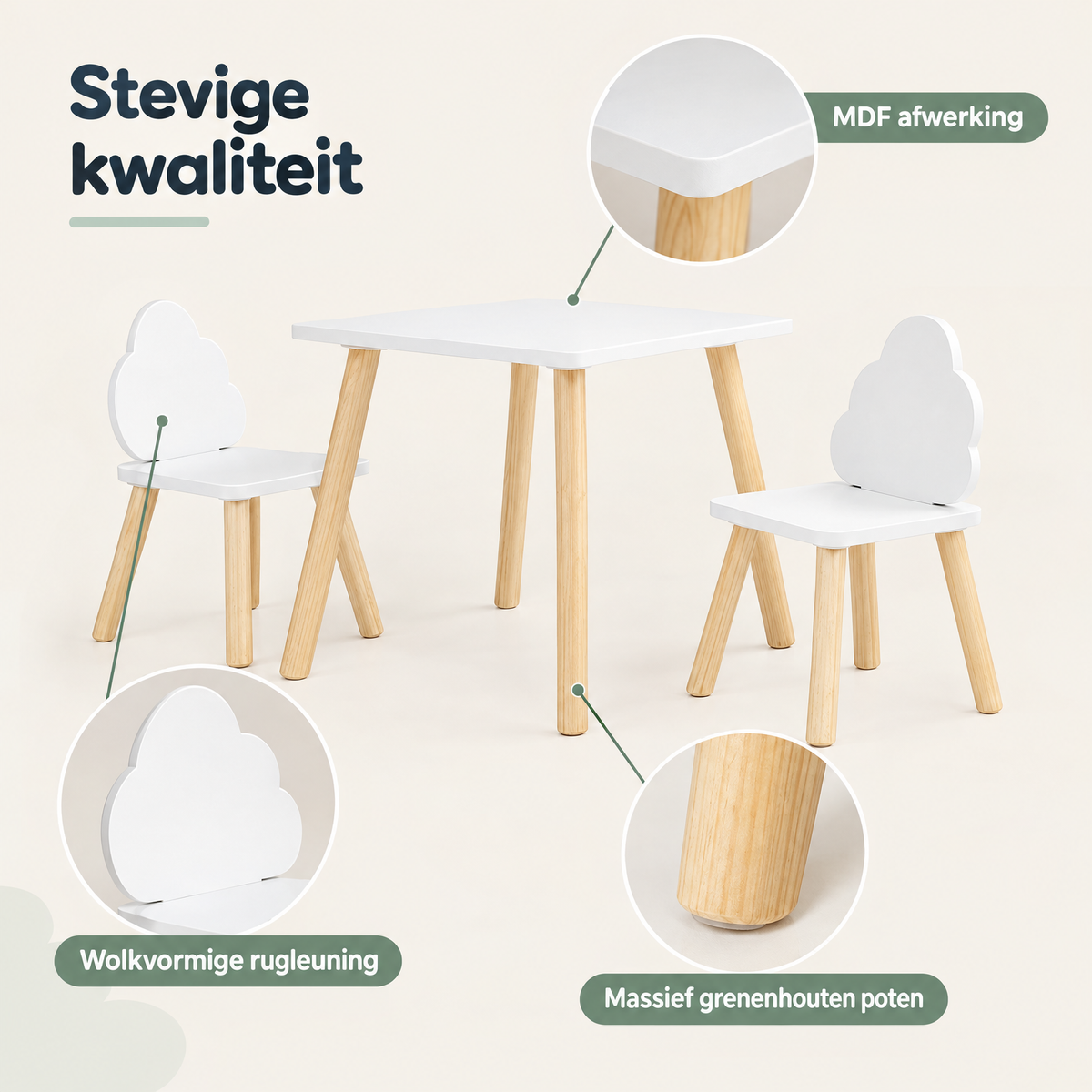 Witte kindertafel met twee stoeltjes en wolkvormige rugleuningen, rond of vierkant, door BukkitBow.
