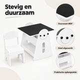 Witte en zwarte kindertafel met twee stoeltjes, 2-in-1 tekenbord en opbergruimte, geschikt voor kinderen, van BukkitBow