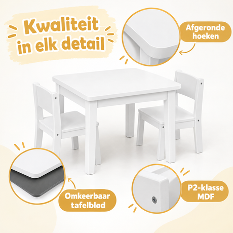 Witte kindertafelset met 2 stoeltjes en omkeerbaar krijtbordblad van BukkitBow, inclusief opbergruimte voor kinderen.