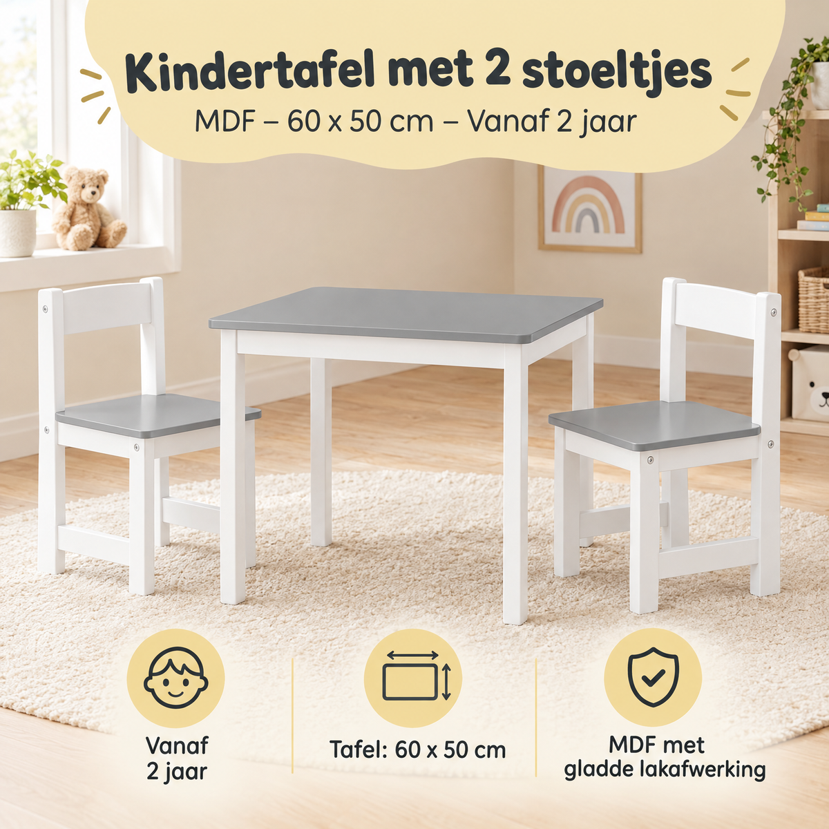 Kinder tafel met 2 stoelen van MDF van BukkitBow, 60x50 cm, geschikt voor kinderen vanaf 2 jaar, praktische en compacte set.