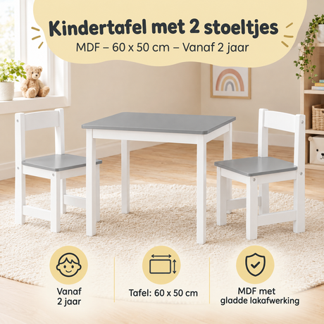 Kinder tafel met 2 stoelen van MDF van BukkitBow, 60x50 cm, geschikt voor kinderen vanaf 2 jaar, praktische en compacte set.