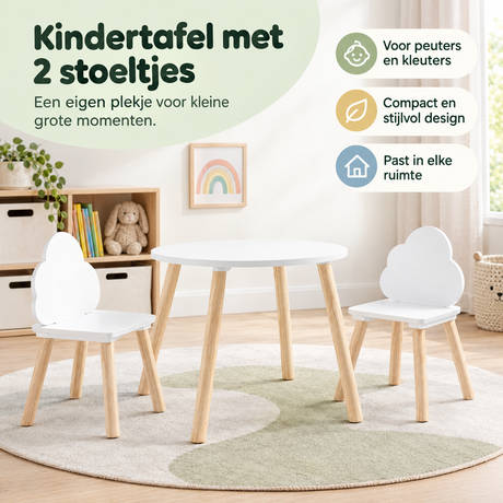 Witte kindertafel met twee stoeltjes en wolkvormige rugleuningen, rond of vierkant, door BukkitBow voor jonge kinderen.