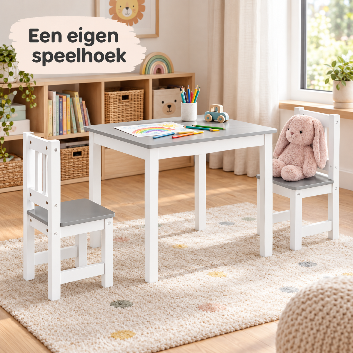 Kinder tafel met 2 MDF-stoeltjes van BukkitBow, 60x50 cm, geschikt voor kinderen vanaf 2 jaar, in een speelse interieursetting